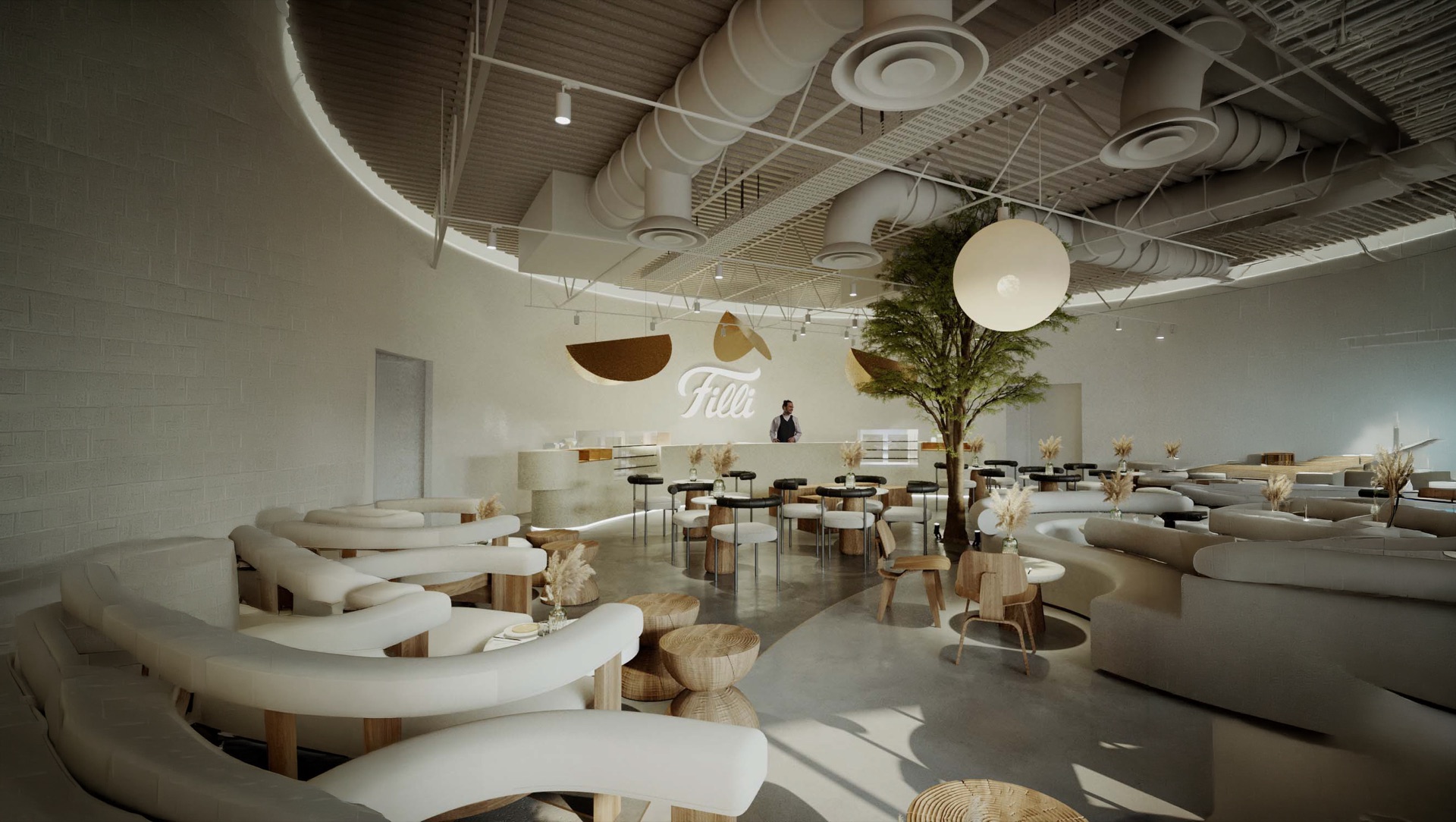 FiLLi Cafe Chicago interior with modern seating and FiLLi signage